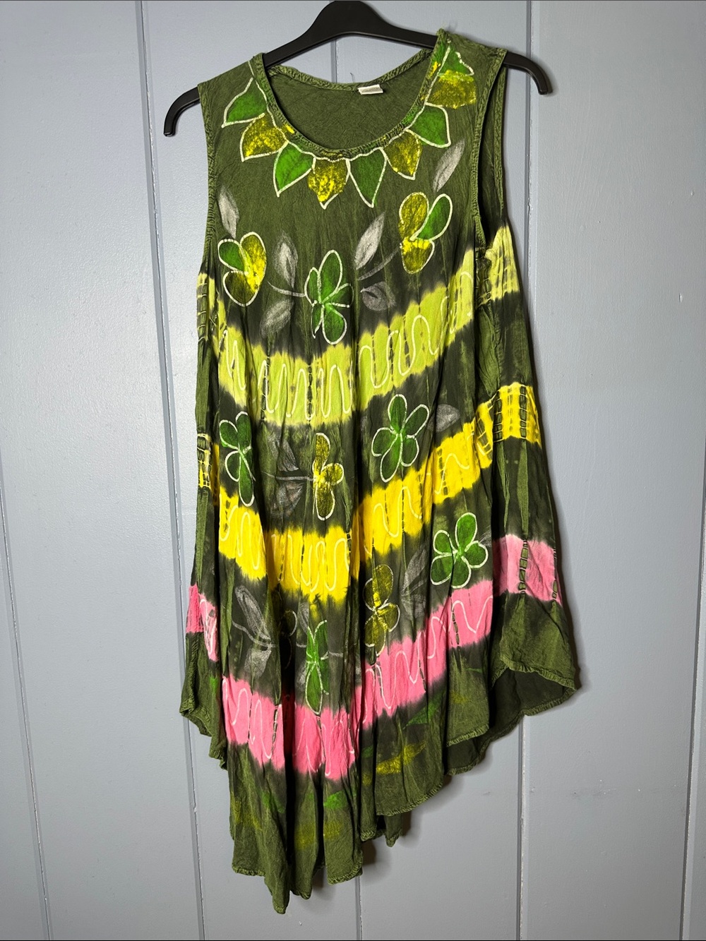 Highness Women’s Olive Tie-Dye Handkerchief Hem Skirt with Floral Accents